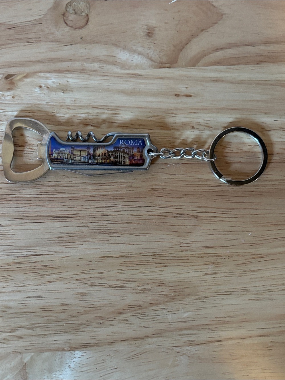 Roma Stainless Steel Bottle Opener Keychain with Corkscrew
